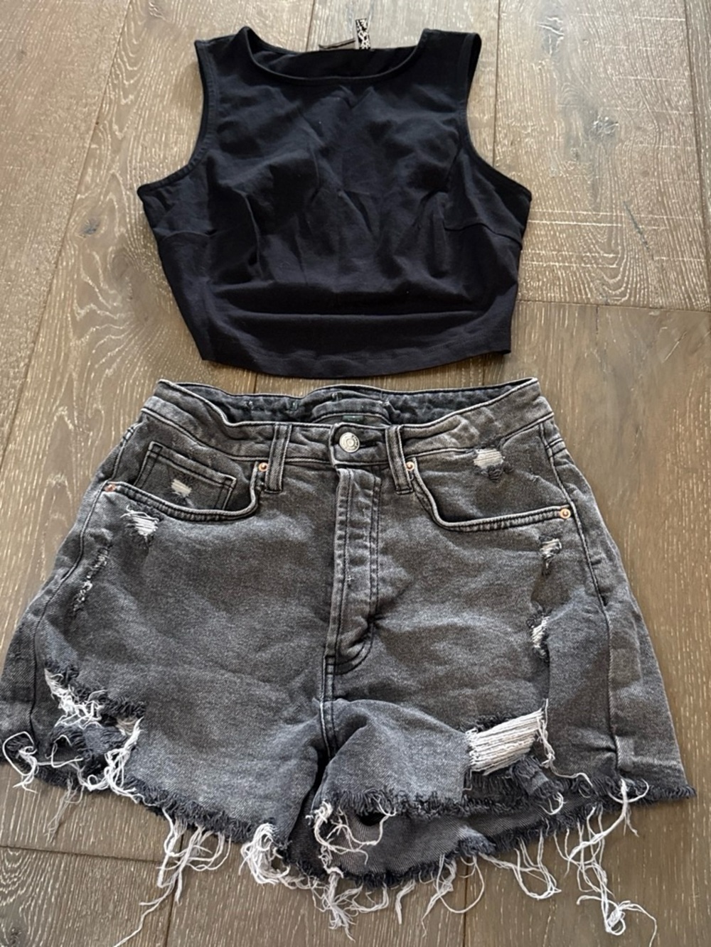 Black Cropped Tank with Distressed Gray Denim Shorts